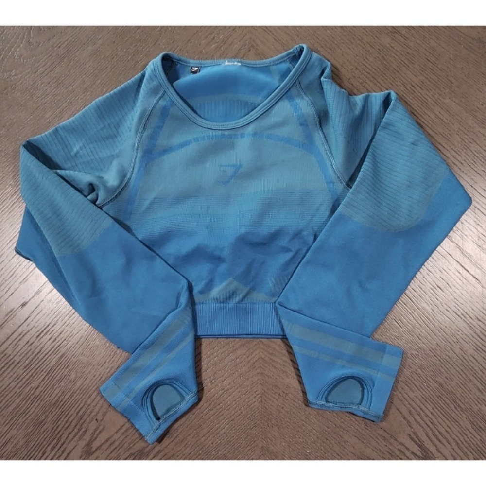 Gymshark Vital Seamless Long Sleeve Crop Top Blue‎ Thumbholes Cutout Back Small